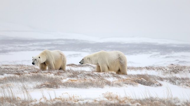 Pair of polar bears in a snowy field