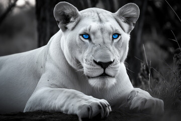 Obraz premium black and white lion with blue eyes - made with generative ai