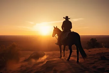 Ingelijste posters cowboy riding horse at sunset - silhouette of a person on a horse during sunset - made with generative ai © Chris