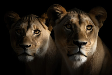 Lions looking on black background - made with generative ai