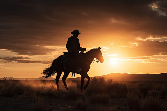 cowboy riding horse at sunset- silhouette of a person on a horse during sunset - made with generative ai