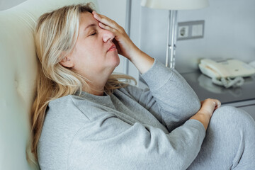 Unhappy woman thinking about health problems. Mental health overweight problems. 