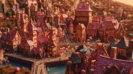 castle town made of gingerbread houses of sweets
