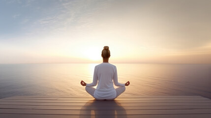 person meditating in yoga pose on a dock looking out at the water at sunrise - obrazy, fototapety, plakaty