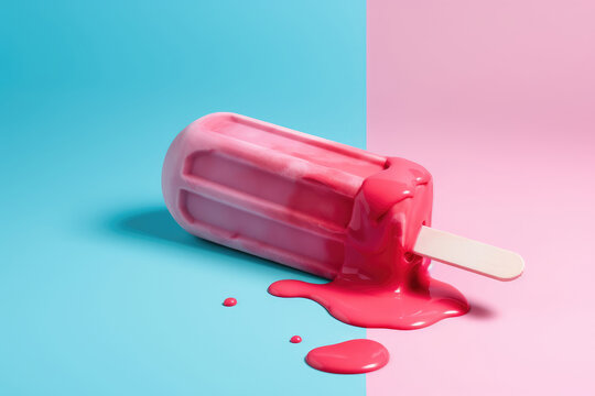 melting pink popsicle on a blue background