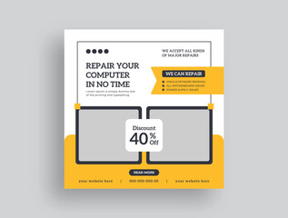 Computer repair social media posts, Facebook Instagram square posts, web banner template