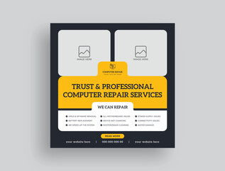 Computer repair social media posts, Facebook Instagram square posts, web banner template