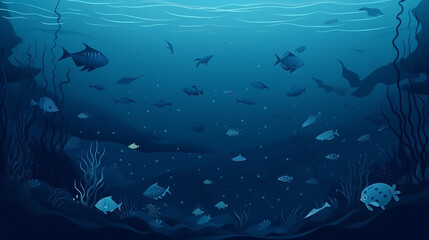 Naklejka na ściany i meble Underwater world, deep blue sea, cartoon style, banner design. Generative AI
