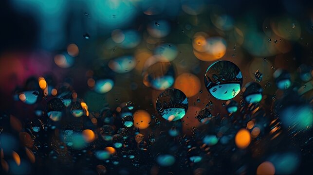Colorful bokeh Christmas lights and water droplets. Shiny city car lights and pebbles abstract nighttime background.