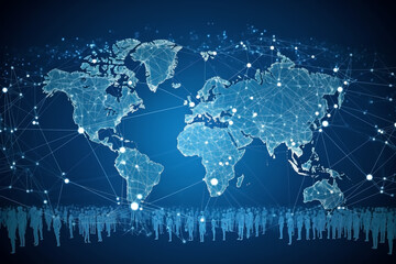 CONNECTED PEOPLE AROUND THE WORLD. AI ILLUSTRATION. COLOR. HORIZONTAL.