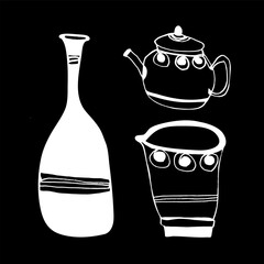 Vector set of images of objects for tea drinking. Teapot, cup, vase. White on a black background. Oriental tea ceremony. China, Japan. Drawing by hand, sketch, ink. Cafe, tea club, restaurant. Eps10