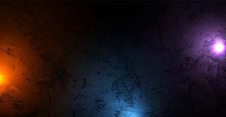 Glowing neon lights on dark grunge wall texture abstract background. Vector retro background