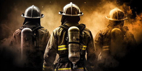 Fototapeta premium Group of firefighters fighting a fire, They are in the midst of fire and smoke. under danger situation all firemen wearing fire fighter suit for safety. digital ai art 
