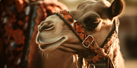Camels with traditional dresses, close up. Camels, Camelus dromedarius, are desert animals who carry tourists on their backs.