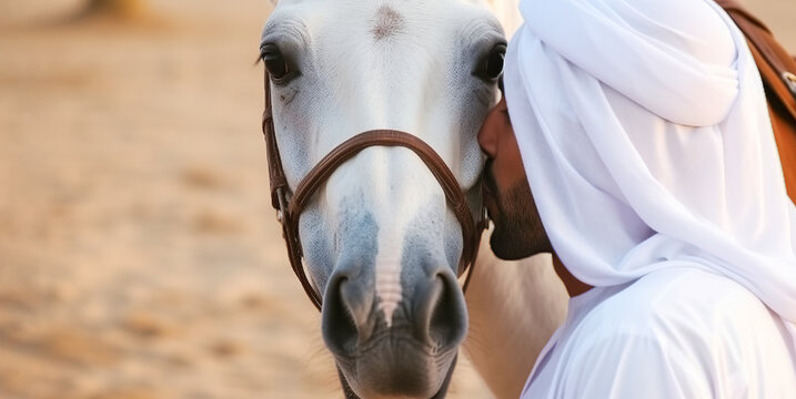 Arabic man in white dress with a white horse in the desert. Saudi man with horse, digital ai