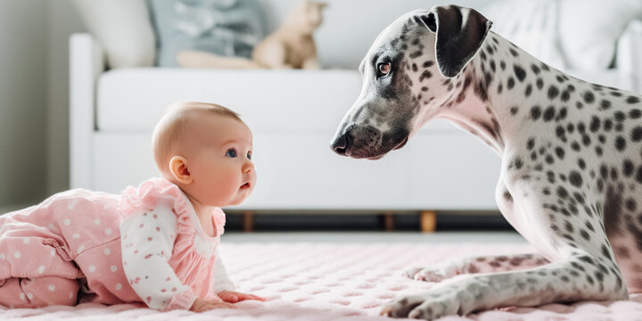 Curious dalmatian dog looking at newborn at home. The concept of relationships between baby and dog. Pets in family with newborn. Baby holding dog's mazzle. Family members, digital ai
