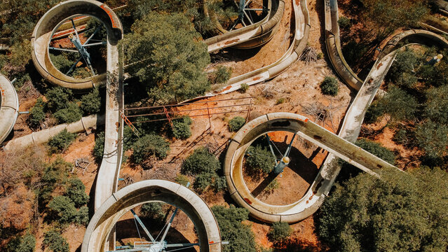 Top Down View, Abandoned Slides In Summer Theme Park