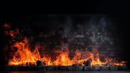 Fire with lots of flames in front of dark concrete wall  Generative AI
