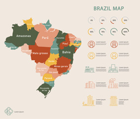 Brazil map and infographic of provinces, political maps of brazil south america, earth tone color - Vector File