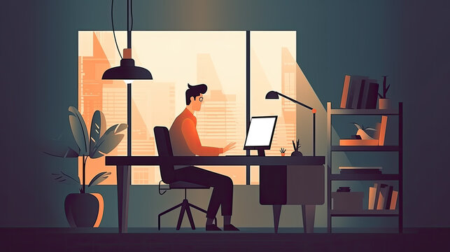 illustration of a young man working on the computer in the evening. Generative AI
