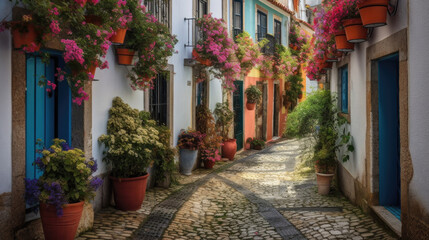 Plakat beautiful colorful flowers street in Portugal. Generative AI