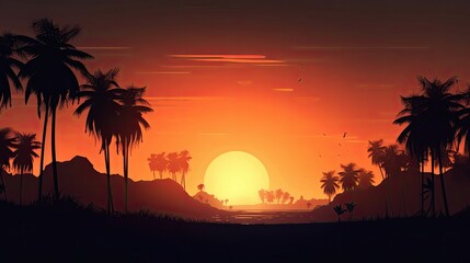 Palm tree sunset wallpaper created with generative AI technology