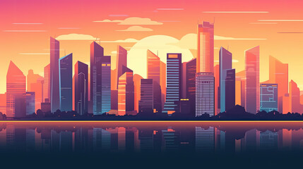 Fototapeta na wymiar a modern big city with skyscrapers on the horizon in the sunset. Generative AI