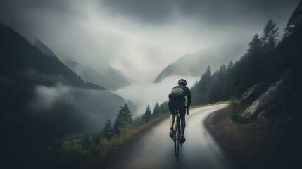 A Cyclist Riding Up a Winding Road in the Mountains with a Scenic View, Generative AI