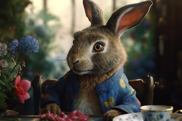 Alice in Wonderland. Cheshire cat white rabbit, Alice in blue dress drink tea. Alice through the Looking Glass. Generative AI