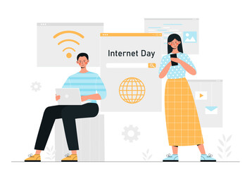 Internet day concept. Man with laptop and woman with smartphone look for information on websites, communicate in social networks and messengers. Digital online world. Cartoon flat vector illustration