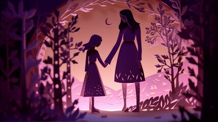 Mothers and Daughters - A Mother and Daughter Hold Hands as They Walk Through a Dark Pink and Purple Starry Night - Paper Cutout Paper Craft - Mothers Day Theme - Generative AI