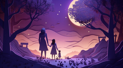 Mothers and Daughters - A Mother and Daughter Hold Hands as They Walk Through a Dark Pink and Purple Starry Night - Paper Cutout Paper Craft - Mothers Day Theme - Generative AI