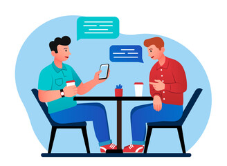 Men talking concept. Guys sitting in cafe or restaurant with caps. Students spend time together, colleagues at lunch break. Acquaintances or friends communicating. Cartoon flat vector illustration