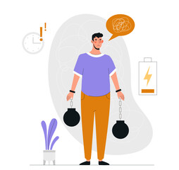 Fototapeta premium Overburdened person concept. Man with weights on hands stands next to low battery charge on his watch. Overworked employee, inefficient workflow and time management. Cartoon flat vector illustration