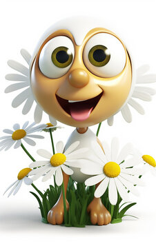 Chamomile. Daisy character smiling in a sunny field. A delightful image for spring and nature themes.
