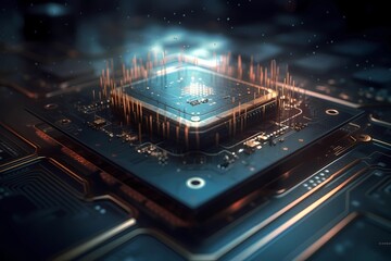 Nanotechnology microchip chip board processor. Futuristic computing technology of nano electronic device macro shot. Abstract hardware future innovation or silicon hi tech background. Generative AI 