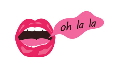 Talking female mouth concept. Lips with speech bubble oh la la. Sexuality, passion and romance. Aesthetics and elegance, luxury. Poster or banner. Cartoon flat vector illustration