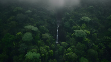 Rainforest covered In Mist With Waterfall
