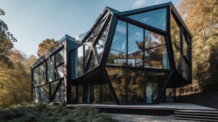 Obraz premium A bold angular structure with floor-to-ceiling windows. House exterior design. AI generated