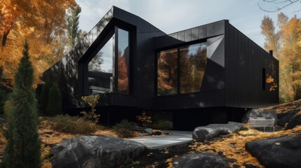 Fototapeta na wymiar A bold, black exterior with intriguing asymmetrical shapes. House exerior design. AI generated