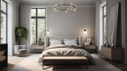 A chic and uncluttered bedroom with neutral decor. AI generated