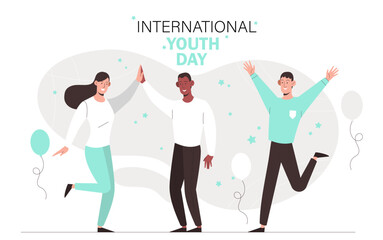 Youth day concept. Men and woman, students rejoice. International holiday, culture and traditions. Poster or banner for website. Cooperation, team and friendship. Cartoon flat vector illustration
