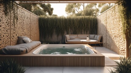 A chic outdoor lounge with a minimalist hot tub. AI generated