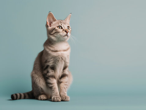 Young cat in front of a solid background. pastel colours. love for the animals. vet concept. made with ai