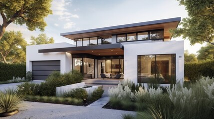 A contemporary design featuring clean white stucco and metal accents. AI generated