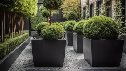 Fototapeta premium A contemporary garden with sleek metal planters and minimalist foliage. AI generated