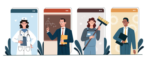 Portraits of workers. Men and women of different professions and occupations. Doctor, math teacher, worker with mop and manager with notepad. Video call or conference. Cartoon flat vector illustration