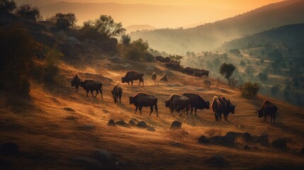 Fototapeta na wymiar A Stunning Wildlife Photoshoot Captured on a Serene Meadow with the Perfect Mix of Studio and Volumetric Light: See the Majestic Herds Grazing, Generative ai