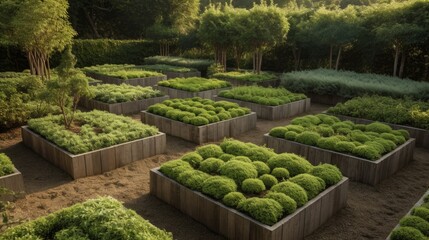 A few tall and shapely trees spread throughout the garden with low-maintenance shrubs surrounding them. AI generated