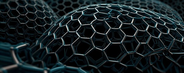 Nanotechnology structure of hexagonal nano material. Macro abstract futuristic network of neurons and neural networking. - obrazy, fototapety, plakaty